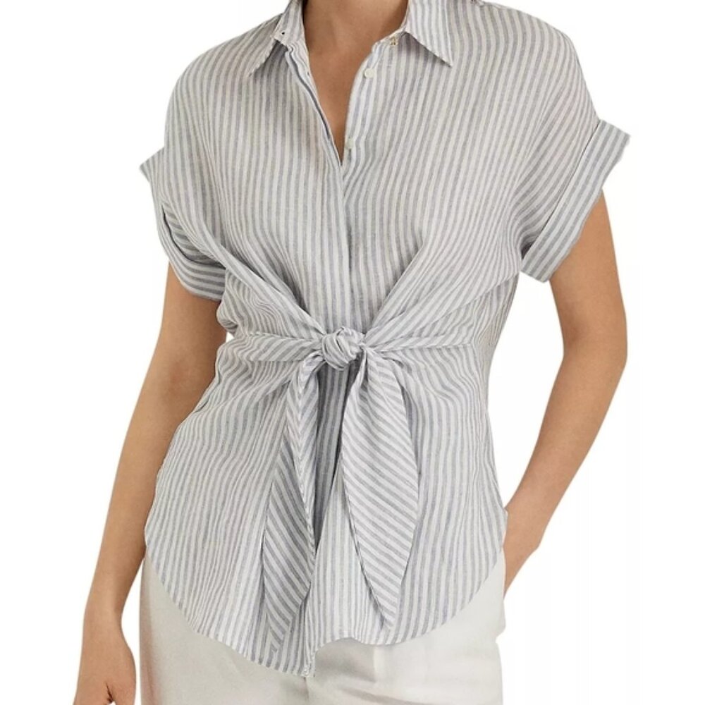 Lauren Ralph Lauren Women Striped Tie Front Linen Shirt Small Petite Chic Causal